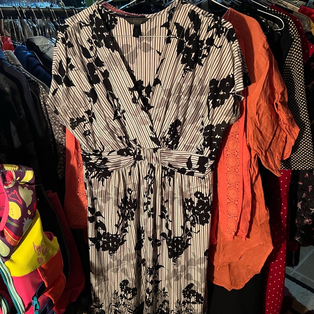 Soma Black and White Striped Floral Midi Dress